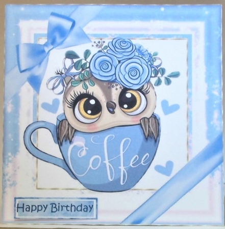  4 Cute owl in coffee cup with bows card fronts 8x8 mini kit by Hazel Underwood