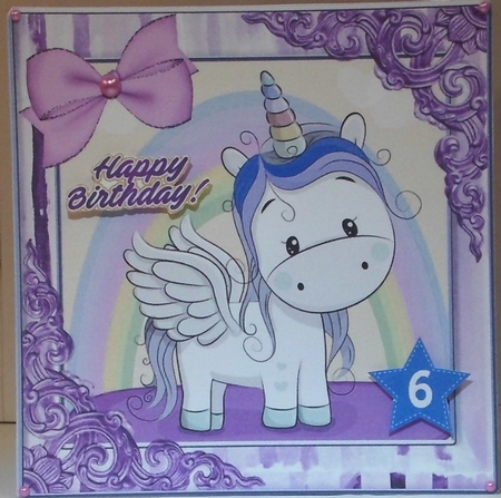 Cute unicorn with rainbow and purple bow 8x8 by Hazel Underwood