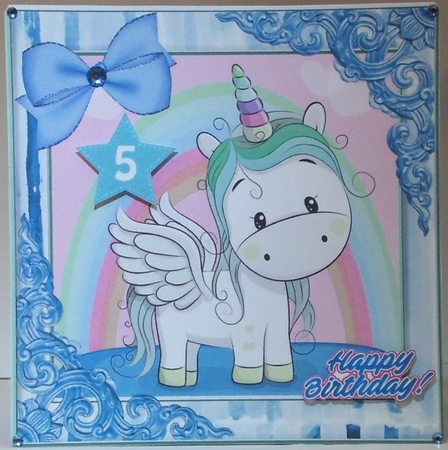 Cute unicorn with rainbow and blue bow 8x8 by Hazel Underwood