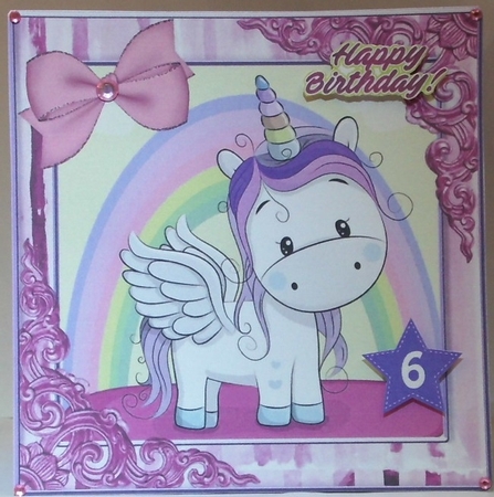 Cute unicorn with rainbow and pink bow 8x8 by Hazel Underwood