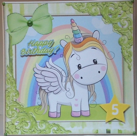  4 Cute unicorns with rainbows and  bows card fronts 8x8 Mini kit by Hazel Underwood