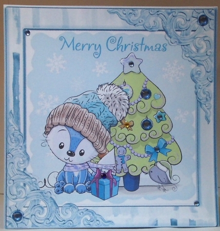 Cute fox with in winter hat with little bird 8x8 (blue) by Hazel Underwood