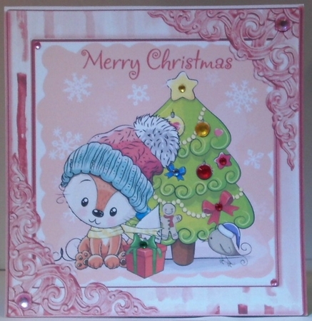  4 Cute foxes  in winter hats with little birds & tree 8x8  card fronts Mini  kit by Hazel Underwood