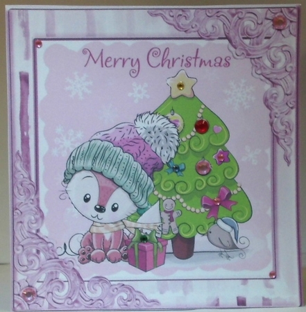  4 Cute foxes  in winter hats with little birds & tree 8x8  card fronts Mini  kit by Hazel Underwood