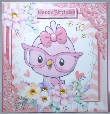 Little pink bird with flowers in ornate 8x8 frame by Hazel Underwood