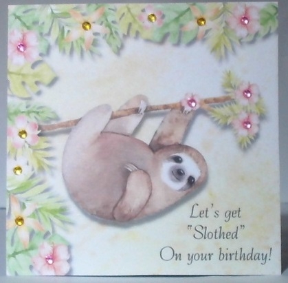 Funny Unisex Sloth birthday topper for 6 x 6 card by Hazel Underwood