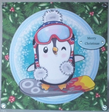 Gorgeous Penguin On A Snowboard In Holly Frame 8x8 by Hazel Underwood