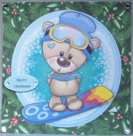 Gorgeous Brown Bear On A Snowboard In Holly Frame 8x8 by Hazel Underwood