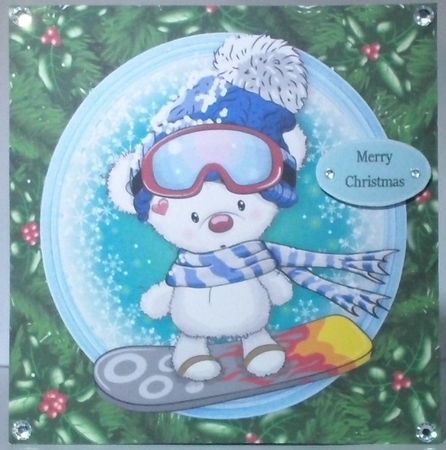 Gorgeous White Bear On A Snowboard In Holly Frame 8x8 by Hazel Underwood