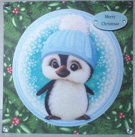 Gorgeous Penguin With A Bobble Hat In Holly Frame 8x8 by Hazel Underwood