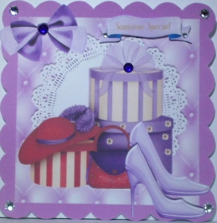 Glamour Girls Accessories with  purple shoes and lace, wih bow card front by Hazel Underwood