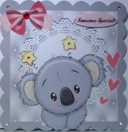 cute koala Bear with bow and  lace,  card front 8x8 by Hazel Underwood