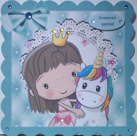cute little girl with unicorn & turq bow with  lace,  card front 8x8 by Hazel Underwood