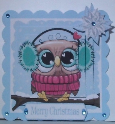 Cute owl on a branch with snow, square pyramids by Hazel Underwood