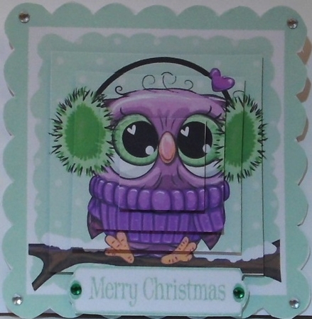 Cute owl on a branch with snow, square pyramids (green) by Hazel Underwood