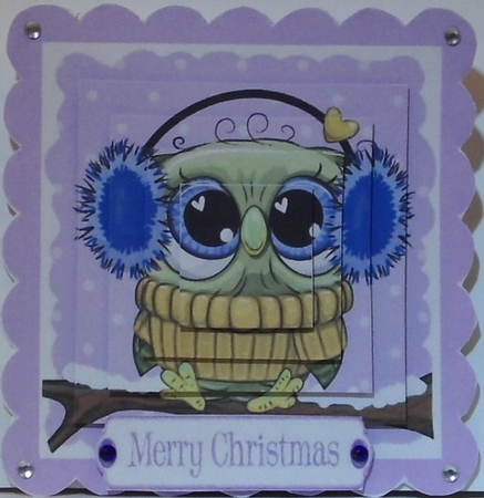 Cute owl on a branch with snow, square pyramids (purple) by Hazel Underwood