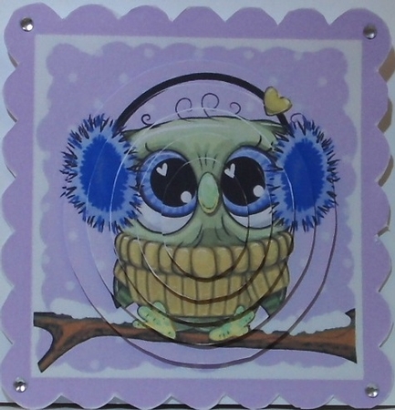 Cute owl on a branch with snow, oval pyramids (purple) by Hazel Underwood