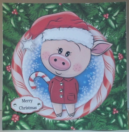 Pig With Santa Hat In Candy Cane Frame 8x8 by Hazel Underwood