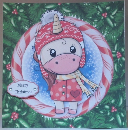 Unicorn With A Bobble Hat In Candy Cane Frame 8x8 by Hazel Underwood
