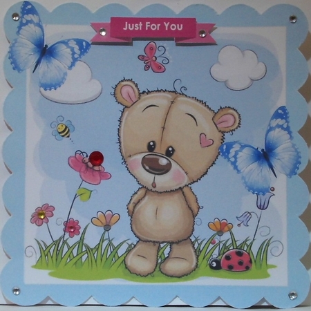 Cute teddy in flower garden with butterflies 8x8 by Hazel Underwood