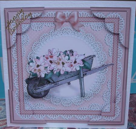 8 x 8 Flower Filled Wheelbarrow Scalloped Corner Topper by Heather Beechey