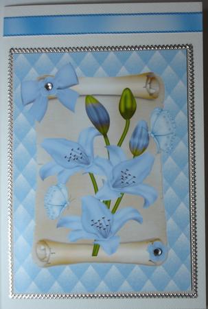 Pale Blue Lillies on a Scroll , A4 Topper by Heather Beechey