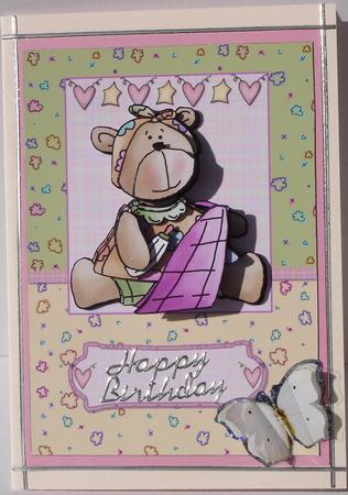 Baby Girl Bear with Bottle Card Front and Decoupage by Heather Beechey