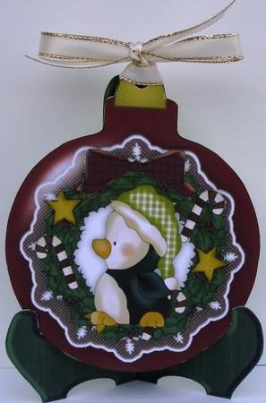 Penguin Wreath Bauble Shaped Plate Card and Stand by Heather Beechey