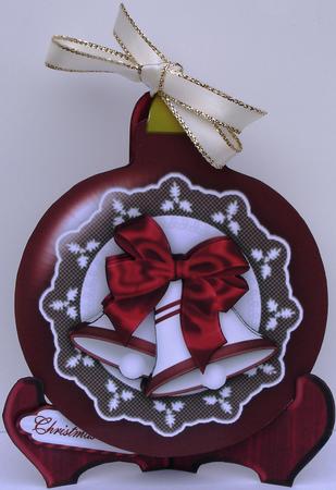 Red Christmas Bells Bauble Shaped Plate Card and Stand by Heather Beechey
