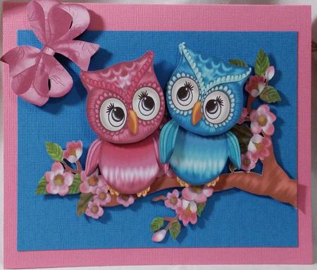 Cute Pink/blue Owls on a Branch with Blossoms A4 by Heather Beechey
