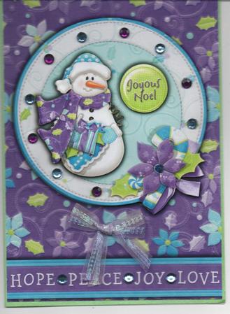 Joyous Noel Snowman Card Front with Decoupage by H Pearson