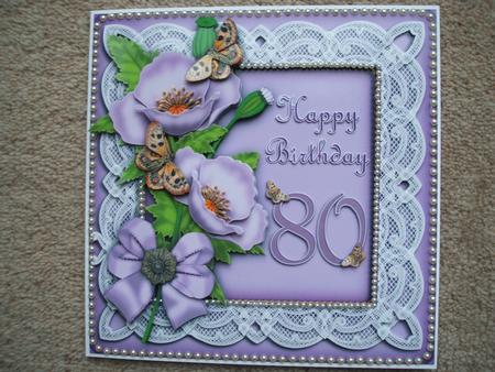 Lilac Poppy Butterfly 80th Birthday 8in Picture Topper by heather winslade