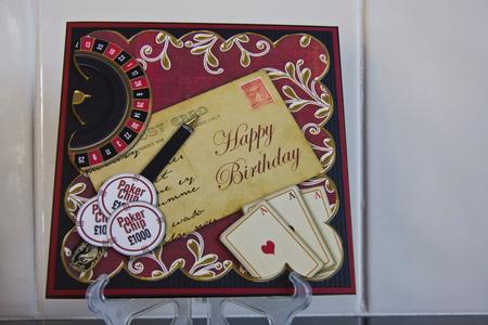 Red Roulette Happy Birthday 8in Scallop Decoupage Topper by Helanna Hancock