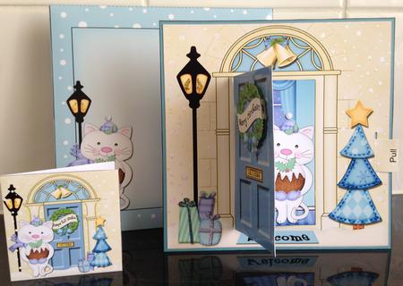 3D Xmas Cat's Pudding Animated Moveable Open Door Card K by Helanna Hancock