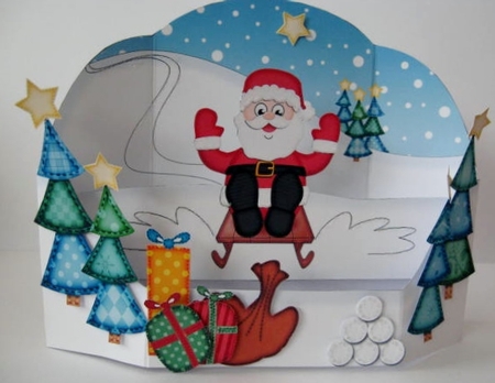 3D Xmas Sledging Santa Rubber Band Pop Up Scene Card by Helen Myers