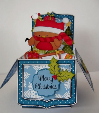 3D Xmas Sledging Bobbin Robin Rubber Band Pop Up Box Card by Helen Myers