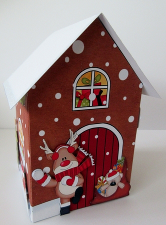 3D Rubber Band Pop Up Christmas Card - Christmas Gingerbread House Rudolph is having a Snowball Fight by Helen Myers