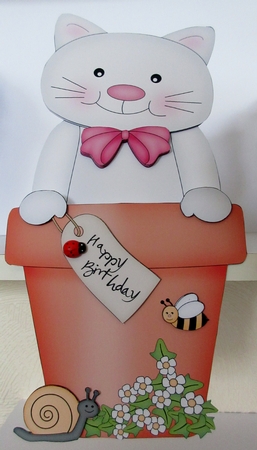 3D On the Shelf Card Kit - Flower Pot Friends Little White Cat Bella by Helen Myers