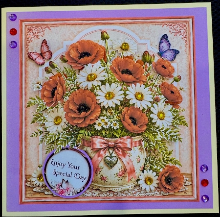 Poppy & Daisy Floral Vase Card Front – Elegant Mothers Day Printable with Sentiment Labels by Helen Fearn