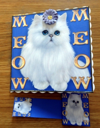 Meow Meow Blue Eyed White Longhair Cat On Blue - 6 x 6 Card Kit  by Helen Gomm
