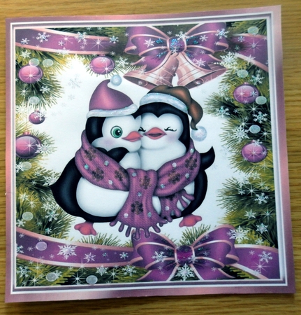 Cute penguins in lilac festive 8x8 frame with baubles by Helen Gomm