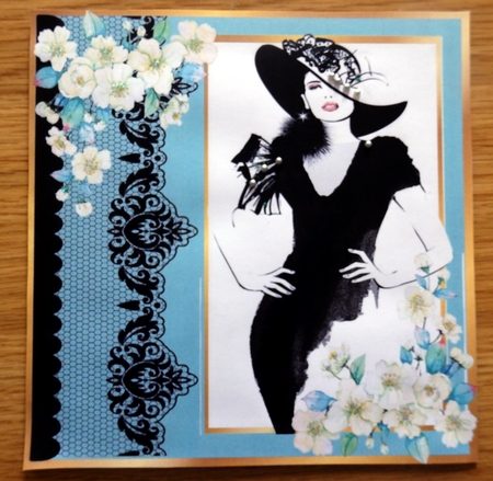 Pretty lady with black lace in blue window 8x8 by Helen Gomm