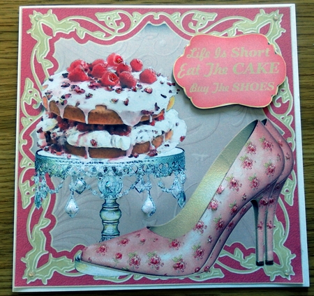 Pink life is short cake and shoes card front by Helen Gomm
