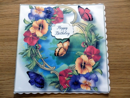 Blooms & Butterflies On Golden Frame - Pansies 8x8 by Helen Gomm
