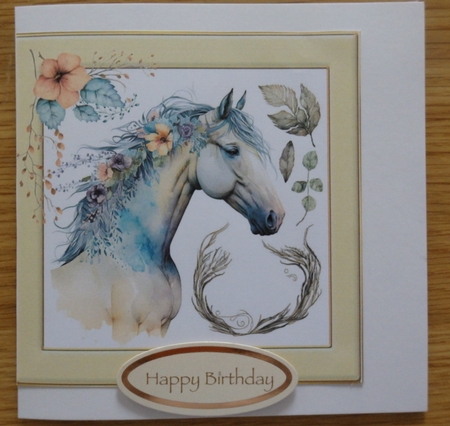 Beautiful Horse with flowers in cream/gold frame 8x8 (four) by Helen Gomm