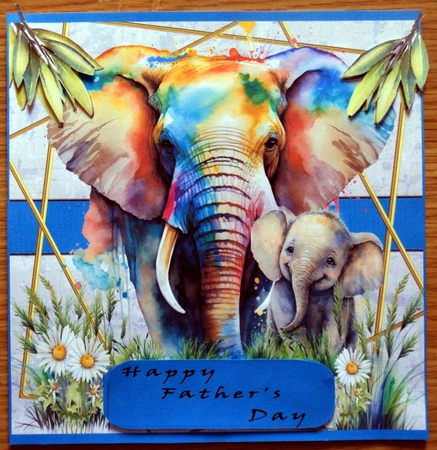 FATHERS DAY 8X8 INCH CARD AND DECOUPAGE ELEPHANTS by Helen Gomm