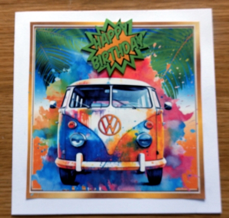 Rainbow Water Colour Camper Van With Sunset 8x8 (Four) by Helen Gomm