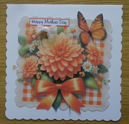 floral  butterfly on lace orange Dahlias by Helen Gomm