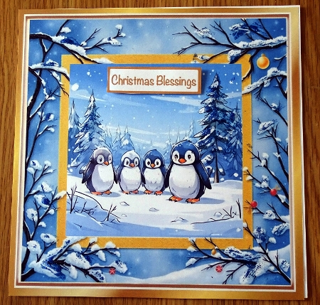 Cute Penguins In Christmas Scene 8X8 Card (THREE) by Helen Gomm
