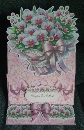 Elegant Pink Orchid Easel Card Front – Lace, Satin Bow & With Love Design by Helen Gomm
